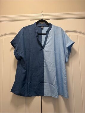 SHEIN Two-Tone Navy and Light Blue Short-Sleeve Blouse